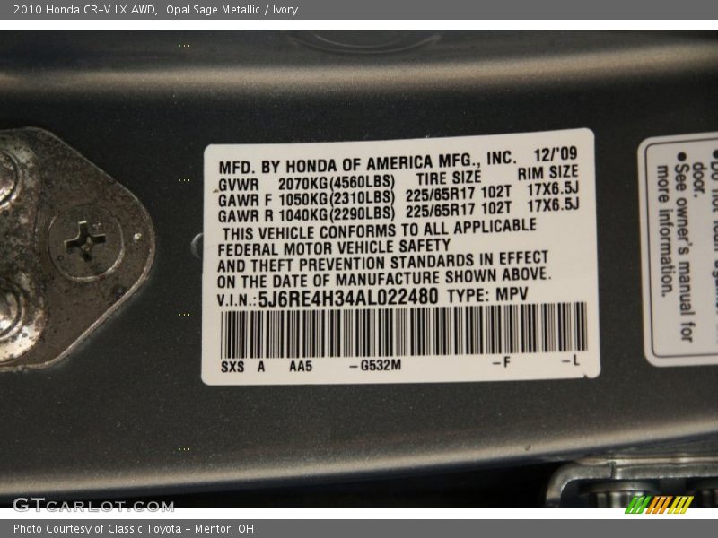 Opal Sage Metallic / Ivory 2010 Honda CR-V LX AWD