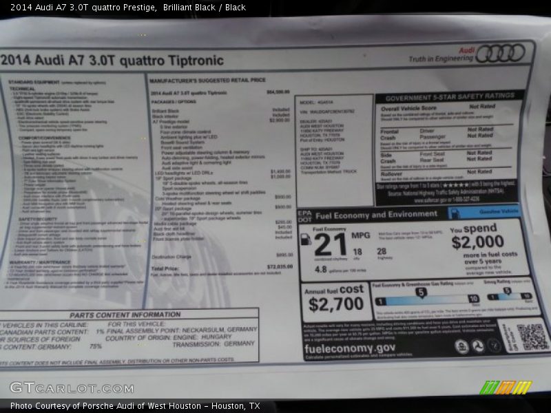  2014 A7 3.0T quattro Prestige Window Sticker