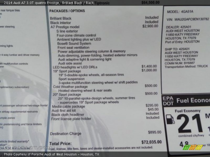  2014 A7 3.0T quattro Prestige Window Sticker