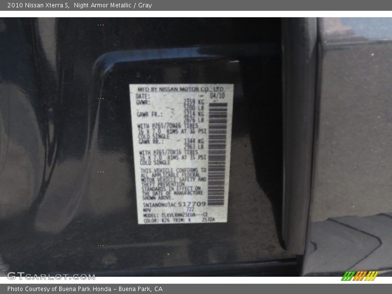 Night Armor Metallic / Gray 2010 Nissan Xterra S