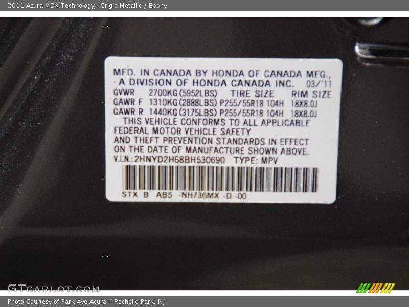 Grigio Metallic / Ebony 2011 Acura MDX Technology