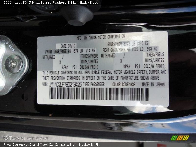 2011 MX-5 Miata Touring Roadster Brilliant Black Color Code A3F