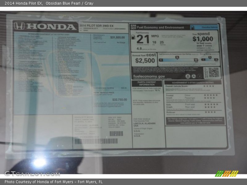 Obsidian Blue Pearl / Gray 2014 Honda Pilot EX