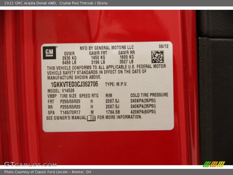 Crystal Red Tintcoat / Ebony 2012 GMC Acadia Denali AWD
