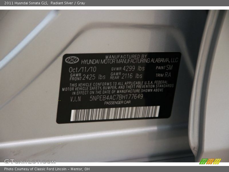 Radiant Silver / Gray 2011 Hyundai Sonata GLS