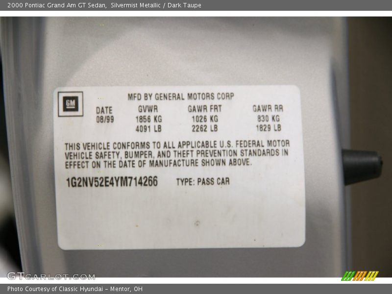 Info Tag of 2000 Grand Am GT Sedan