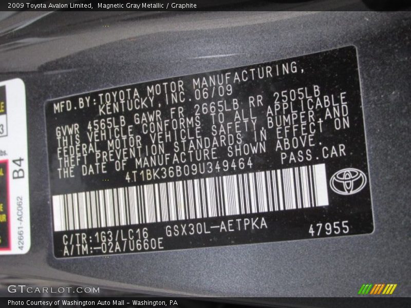 Magnetic Gray Metallic / Graphite 2009 Toyota Avalon Limited