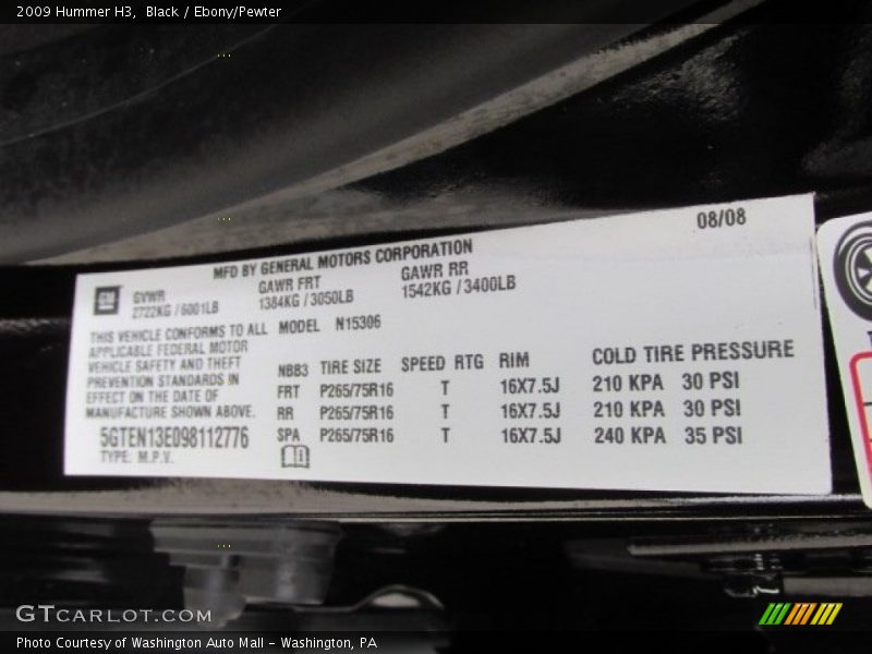 Black / Ebony/Pewter 2009 Hummer H3