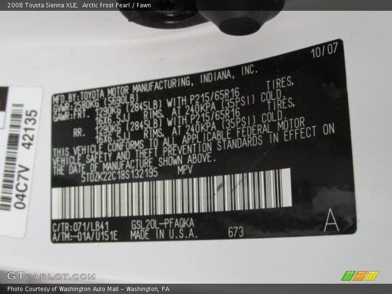 Arctic Frost Pearl / Fawn 2008 Toyota Sienna XLE