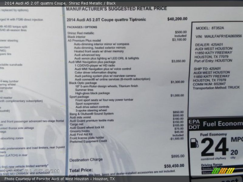  2014 A5 2.0T quattro Coupe Window Sticker