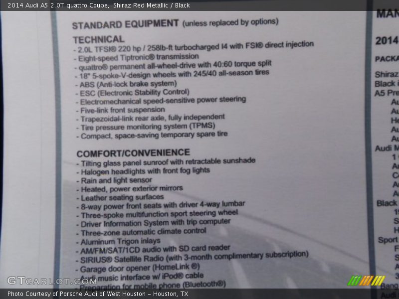  2014 A5 2.0T quattro Coupe Window Sticker