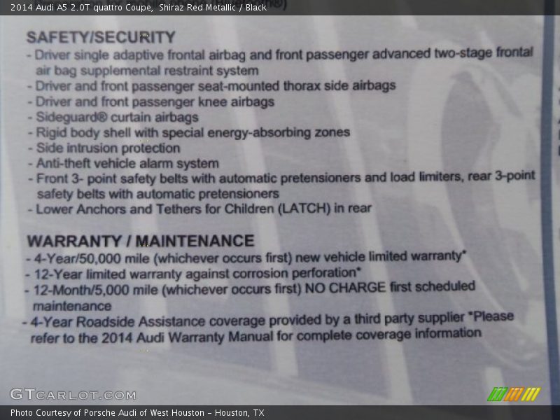  2014 A5 2.0T quattro Coupe Window Sticker