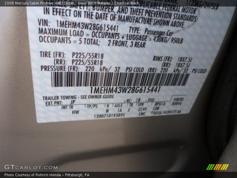Silver Birch Metallic / Charcoal Black 2008 Mercury Sable Premier AWD Sedan