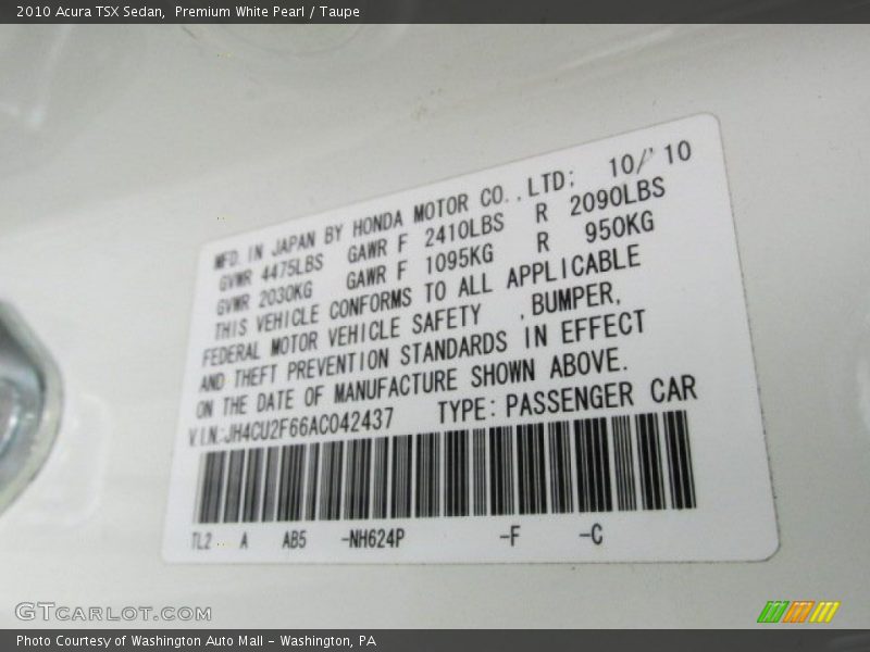 Premium White Pearl / Taupe 2010 Acura TSX Sedan