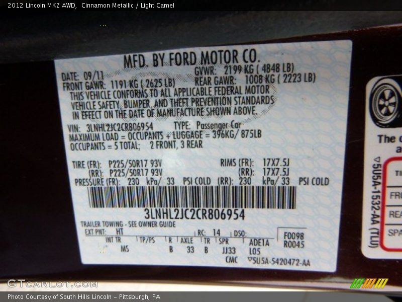 Cinnamon Metallic / Light Camel 2012 Lincoln MKZ AWD
