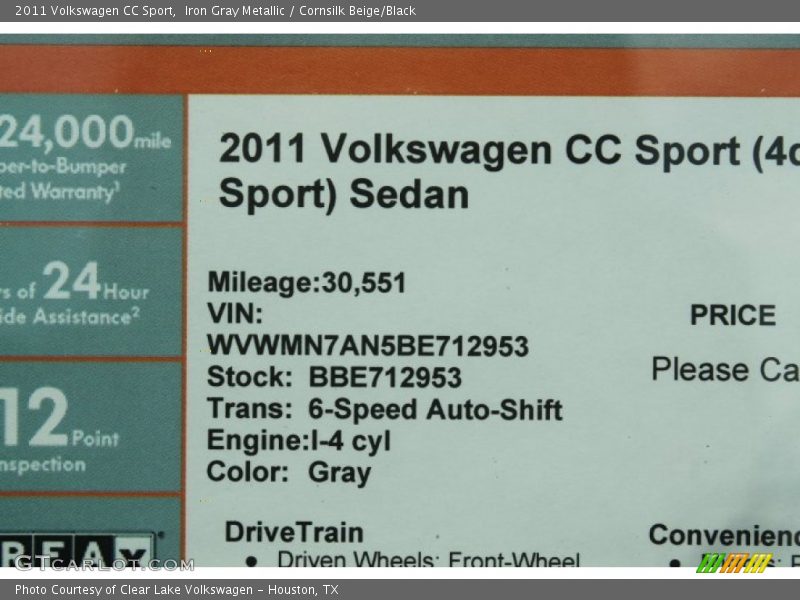 Iron Gray Metallic / Cornsilk Beige/Black 2011 Volkswagen CC Sport