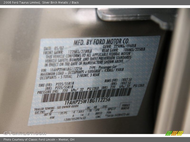 Silver Birch Metallic / Black 2008 Ford Taurus Limited