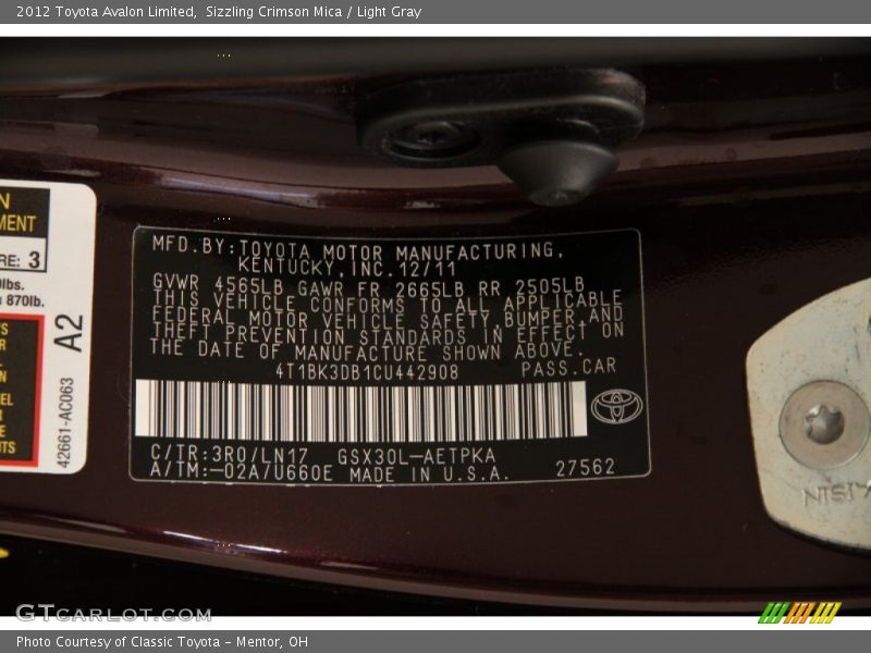 Sizzling Crimson Mica / Light Gray 2012 Toyota Avalon Limited