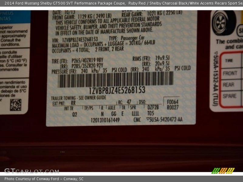 2014 Mustang Shelby GT500 SVT Performance Package Coupe Ruby Red Color Code RR