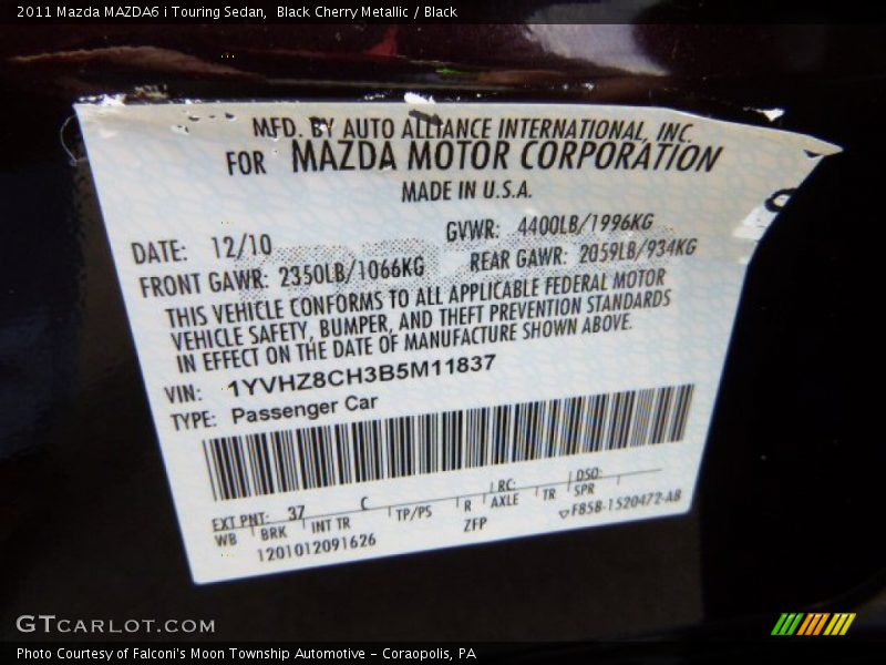 Black Cherry Metallic / Black 2011 Mazda MAZDA6 i Touring Sedan
