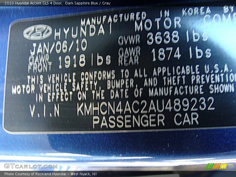 Dark Sapphire Blue / Gray 2010 Hyundai Accent GLS 4 Door