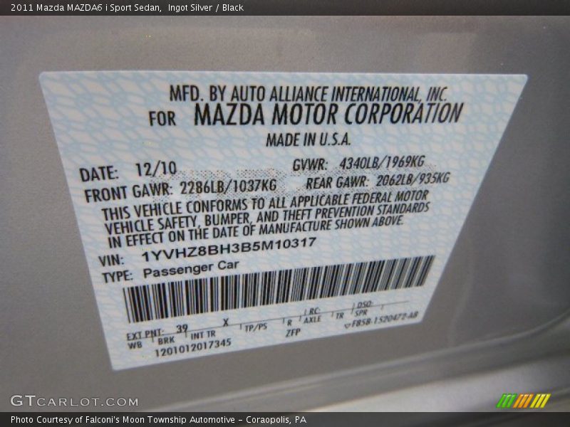 Ingot Silver / Black 2011 Mazda MAZDA6 i Sport Sedan