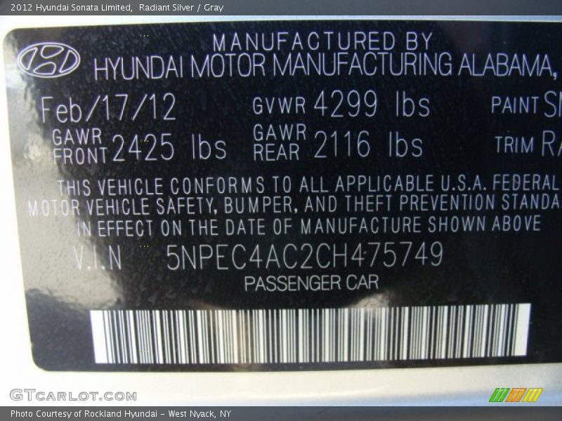 Radiant Silver / Gray 2012 Hyundai Sonata Limited