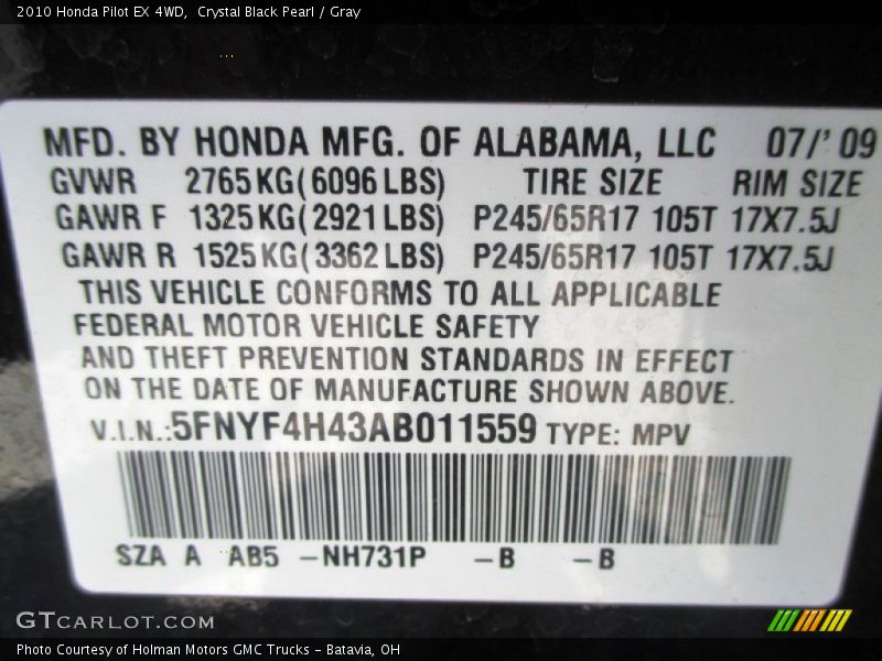 Crystal Black Pearl / Gray 2010 Honda Pilot EX 4WD