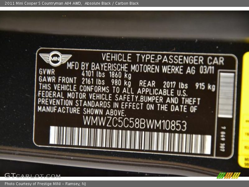 Absolute Black / Carbon Black 2011 Mini Cooper S Countryman All4 AWD