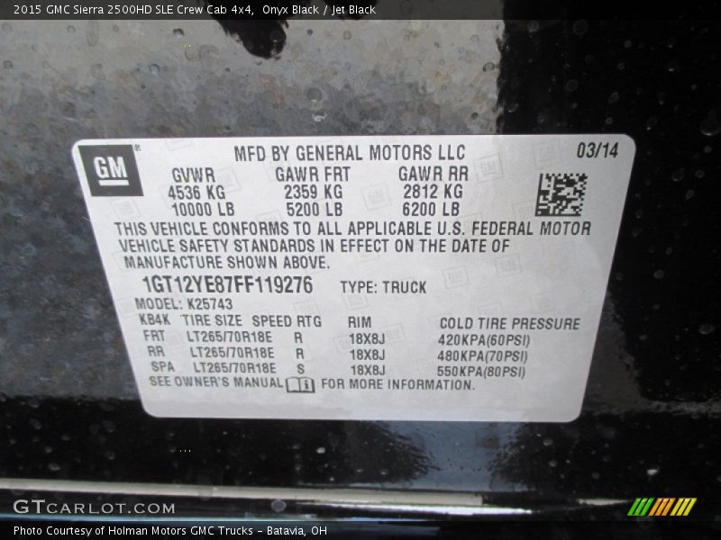 Info Tag of 2015 Sierra 2500HD SLE Crew Cab 4x4