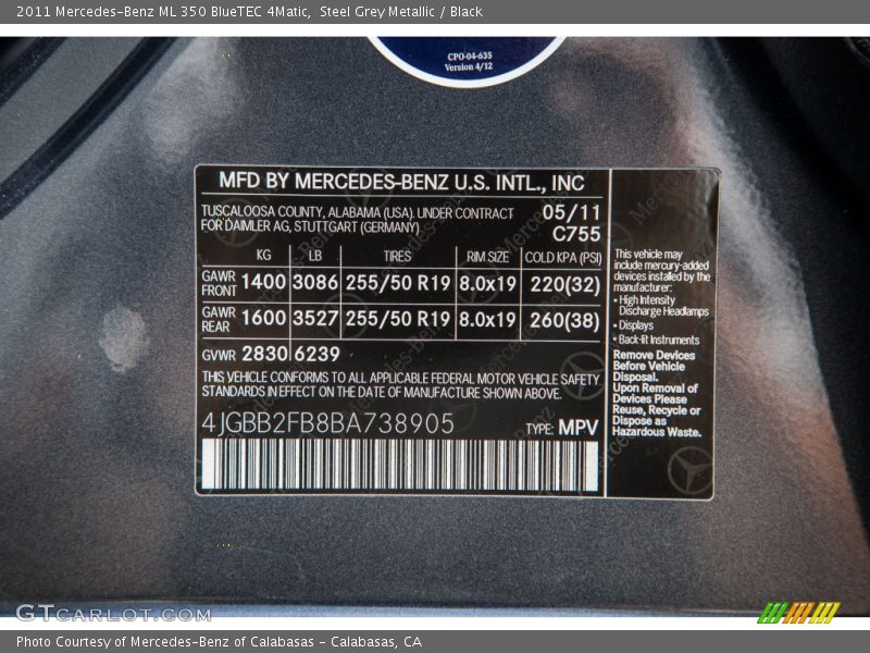 Steel Grey Metallic / Black 2011 Mercedes-Benz ML 350 BlueTEC 4Matic