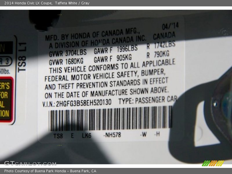 Taffeta White / Gray 2014 Honda Civic LX Coupe