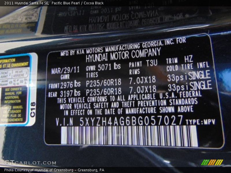 Pacific Blue Pearl / Cocoa Black 2011 Hyundai Santa Fe SE