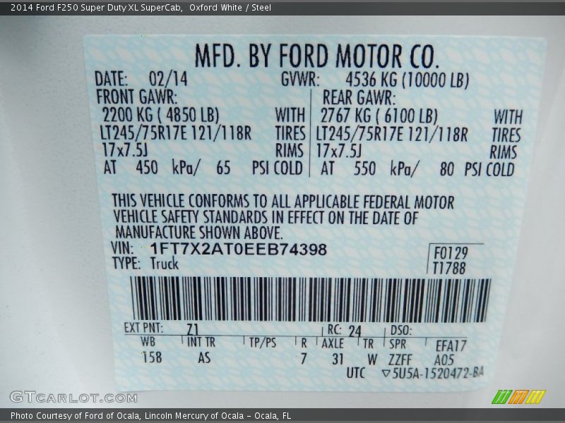 2014 F250 Super Duty XL SuperCab Oxford White Color Code Z1