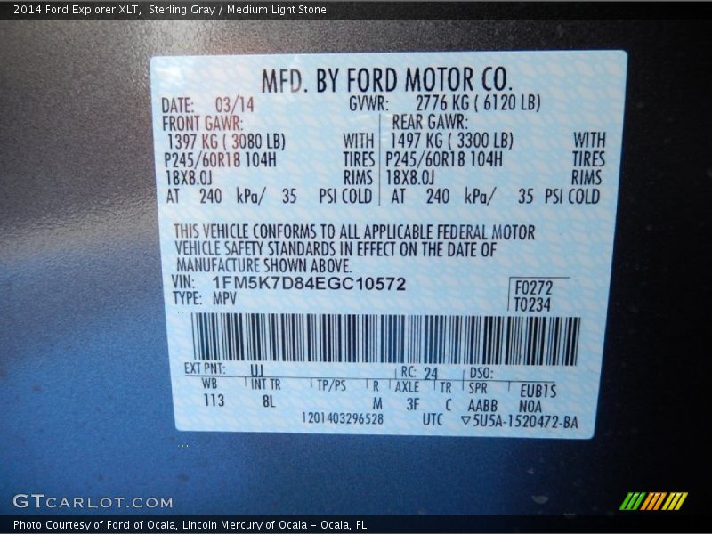Sterling Gray / Medium Light Stone 2014 Ford Explorer XLT