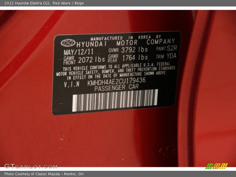 Red Allure / Beige 2012 Hyundai Elantra GLS