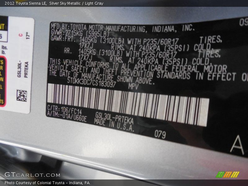 Silver Sky Metallic / Light Gray 2012 Toyota Sienna LE
