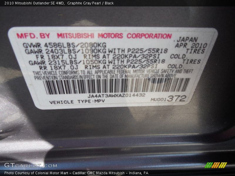 Graphite Gray Pearl / Black 2010 Mitsubishi Outlander SE 4WD