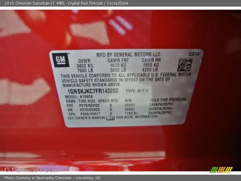 Crystal Red Tintcoat / Cocoa/Dune 2015 Chevrolet Suburban LT 4WD