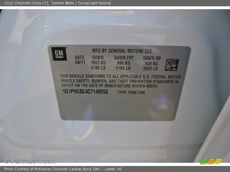 Summit White / Cocoa/Light Neutral 2012 Chevrolet Cruze LTZ