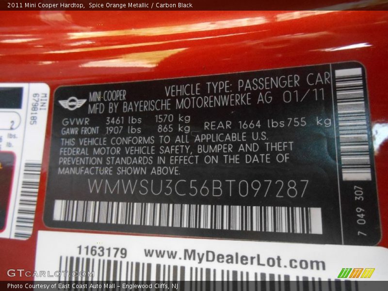 Spice Orange Metallic / Carbon Black 2011 Mini Cooper Hardtop
