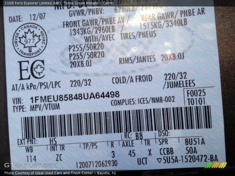 2008 Explorer Limited AWD Stone Green Metallic Color Code HS
