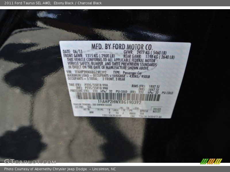 Ebony Black / Charcoal Black 2011 Ford Taurus SEL AWD