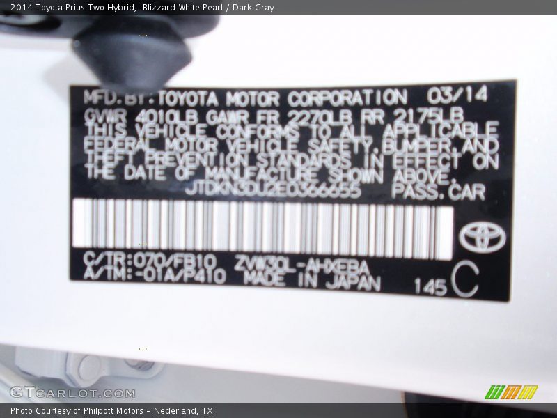 Blizzard White Pearl / Dark Gray 2014 Toyota Prius Two Hybrid