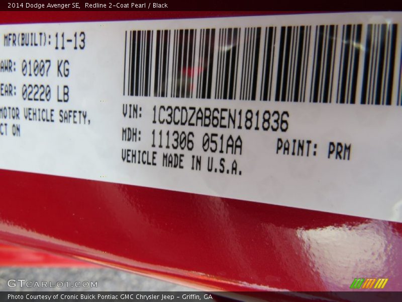 Redline 2-Coat Pearl / Black 2014 Dodge Avenger SE