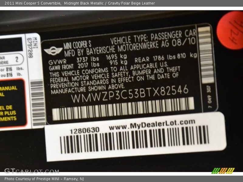 Midnight Black Metallic / Gravity Polar Beige Leather 2011 Mini Cooper S Convertible