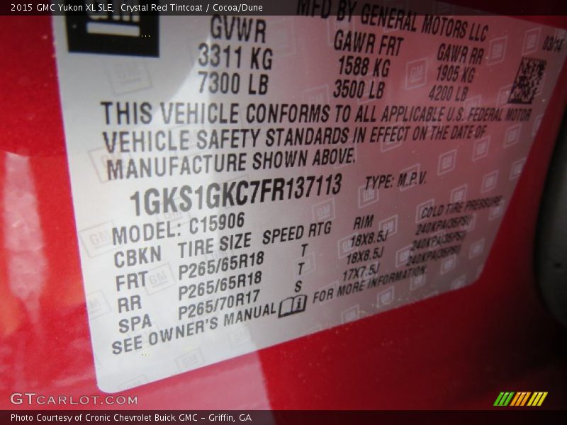 Info Tag of 2015 Yukon XL SLE