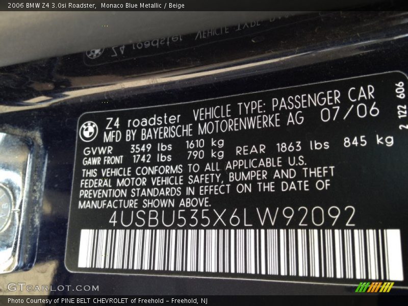 Monaco Blue Metallic / Beige 2006 BMW Z4 3.0si Roadster