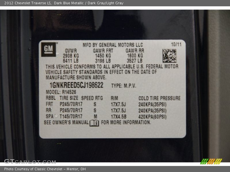 Dark Blue Metallic / Dark Gray/Light Gray 2012 Chevrolet Traverse LS