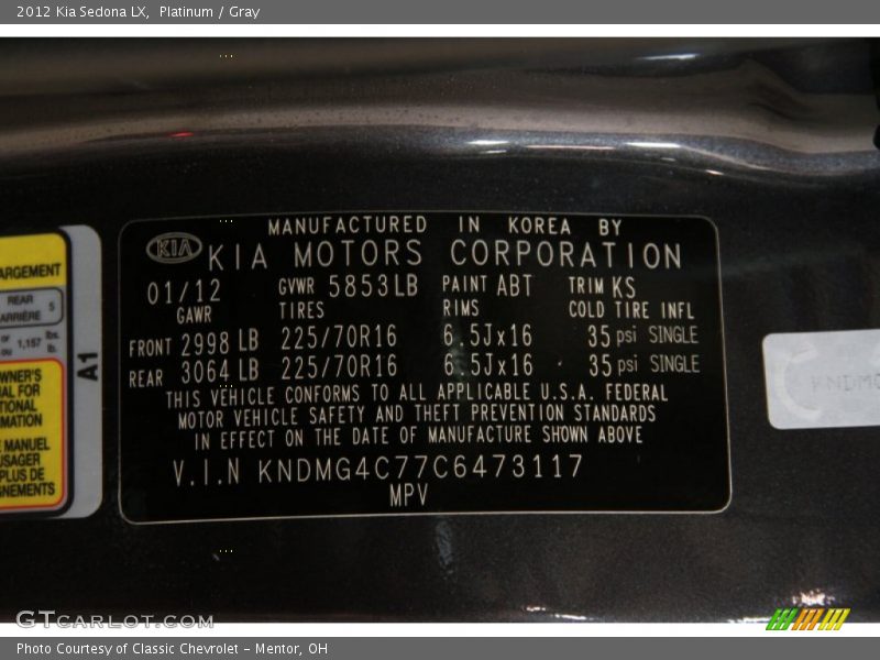 Platinum / Gray 2012 Kia Sedona LX